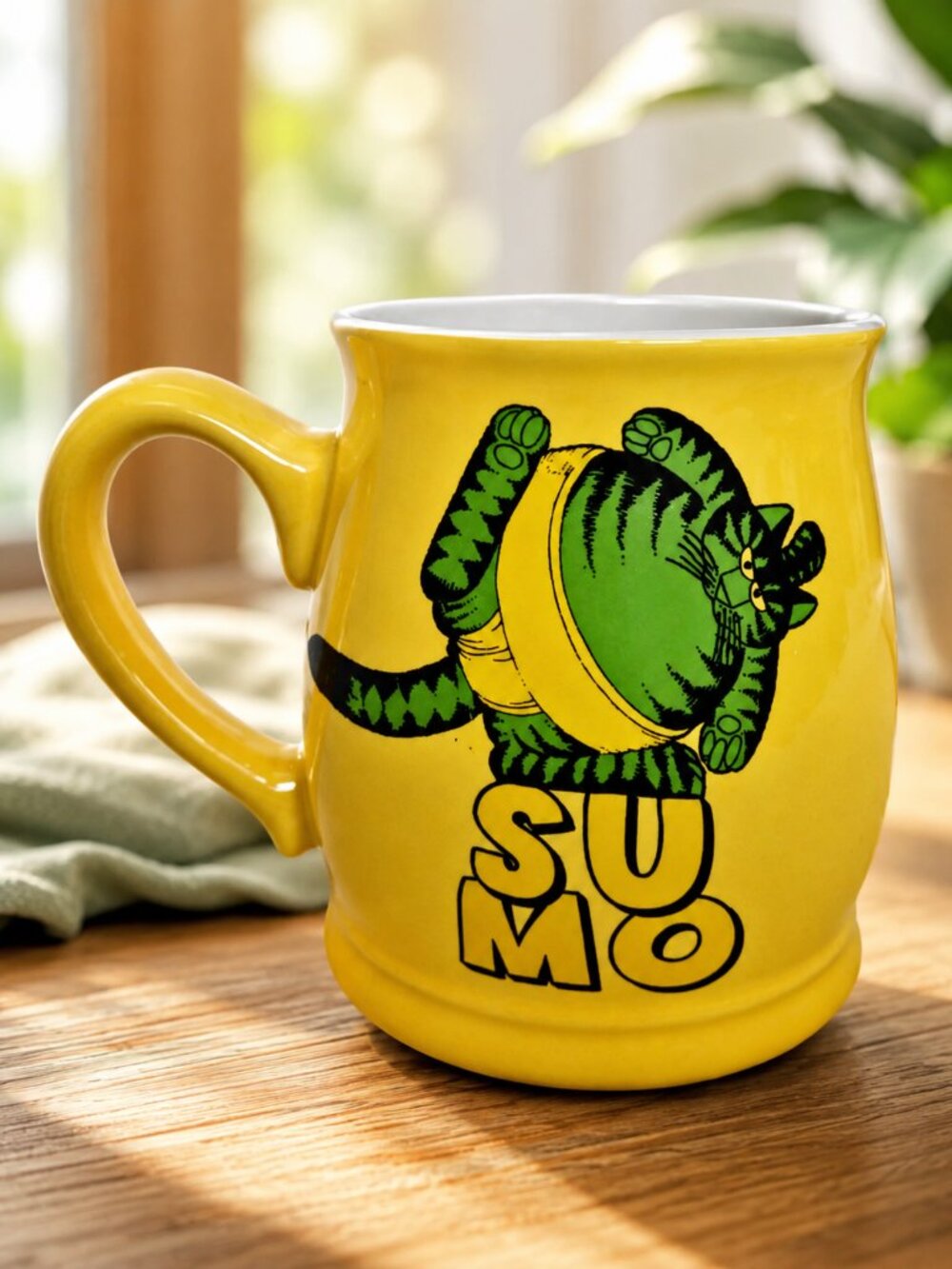 Custom Spokane-Style Sumo Cat Mug – Handmade Yellow & Green Cat Coffee Cup 14oz